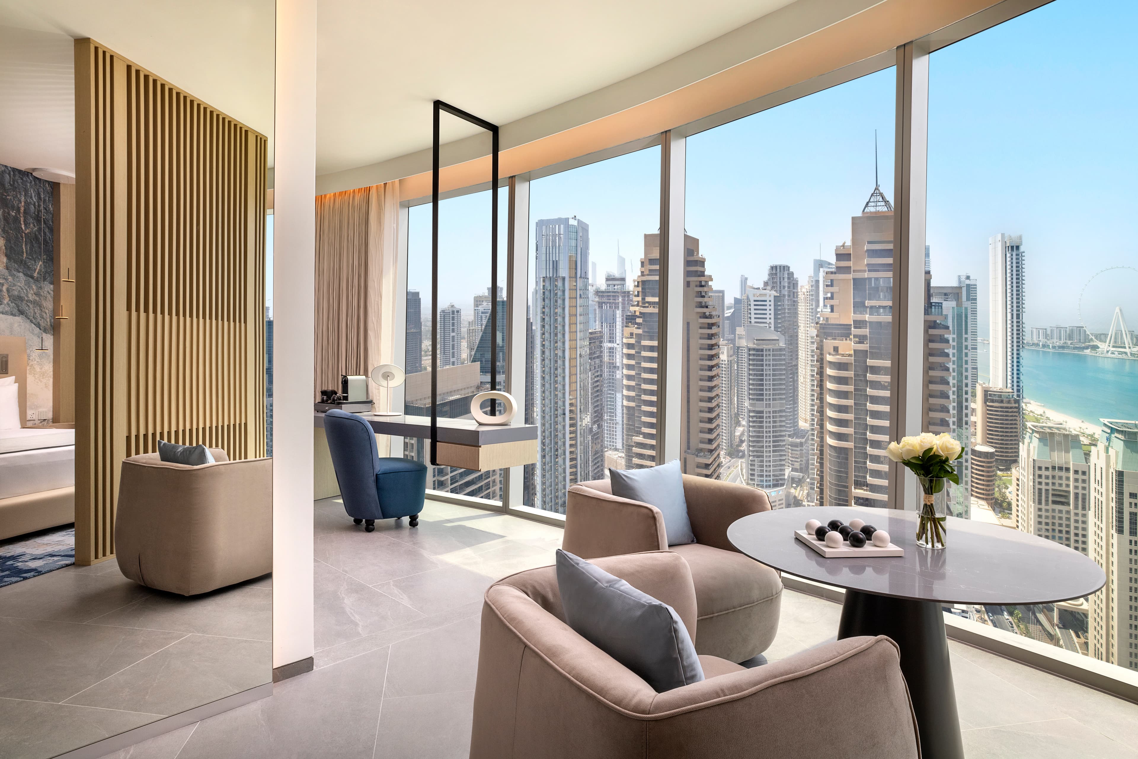 Spacious living area framed by Dubai Marina’s skyline views
